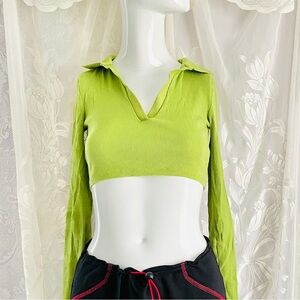 Zara Lime Ribbed Cotton Blend V-Neck Crop Top